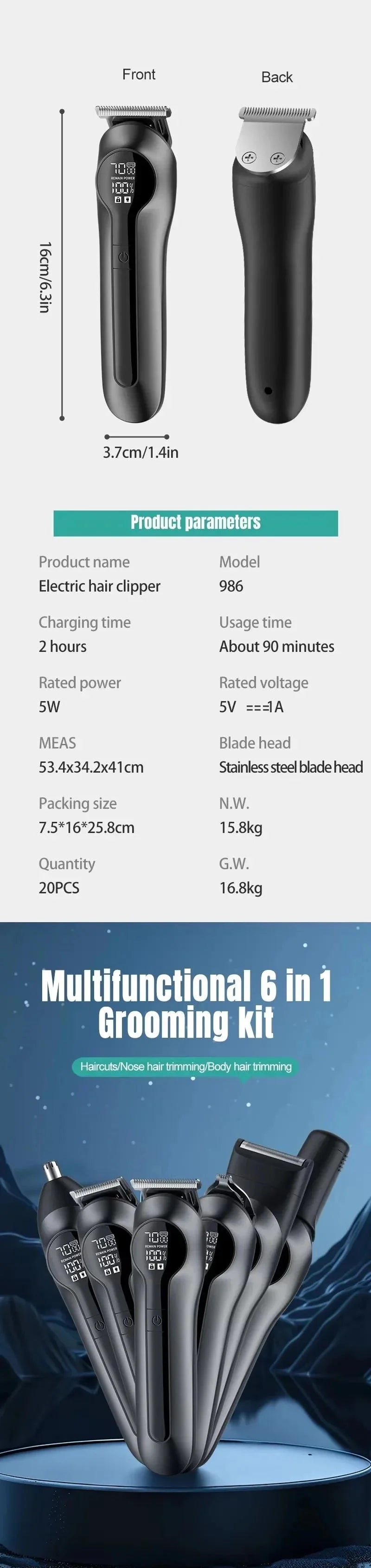 Xiaomi Youpin 6-in-1 Multifunctional Grooming Kit Hair Clipper With Digital Display High Power Electric Shaver Nose Hair Trimmer