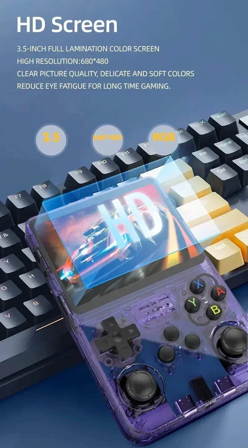 جهاز ألعاب فيديو محمول R36S مفتوح المصدر، يعمل بنظام لينكس، بشاشة IPS مقاس 3.5 بوصة، وذاكرة تخزين 64 جيجابايت و128 جيجابايت للألعاب.